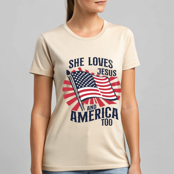 She Loves Jesus and America Too Shirt – Patriotic Christian T-Shirt for Women, USA Flag Faith Tee, God Bless America Shirt, 4th of July Outfit - Image 2