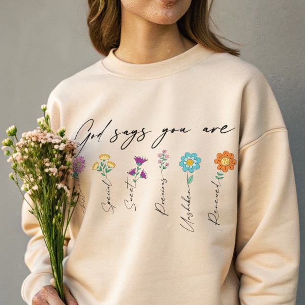 God Says You Are Custom Name Sweatshirt – Personalized Christian Shirt for Women, Floral Bible Verse Pullover, Faith Gift, Religious Graphic Tee - Image 4