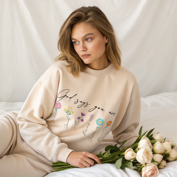 God Says You Are Custom Name Sweatshirt – Personalized Christian Shirt for Women, Floral Bible Verse Pullover, Faith Gift, Religious Graphic Tee - Image 5