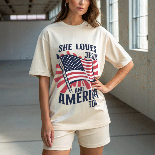 She Loves Jesus and America Too Shirt – Patriotic Christian T-Shirt for Women, USA Flag Faith Tee, God Bless America Shirt, 4th of July Outfit - Image 3