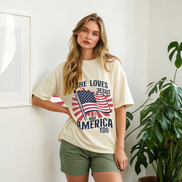She Loves Jesus and America Too Shirt – Patriotic Christian T-Shirt for Women, USA Flag Faith Tee, God Bless America Shirt, 4th of July Outfit